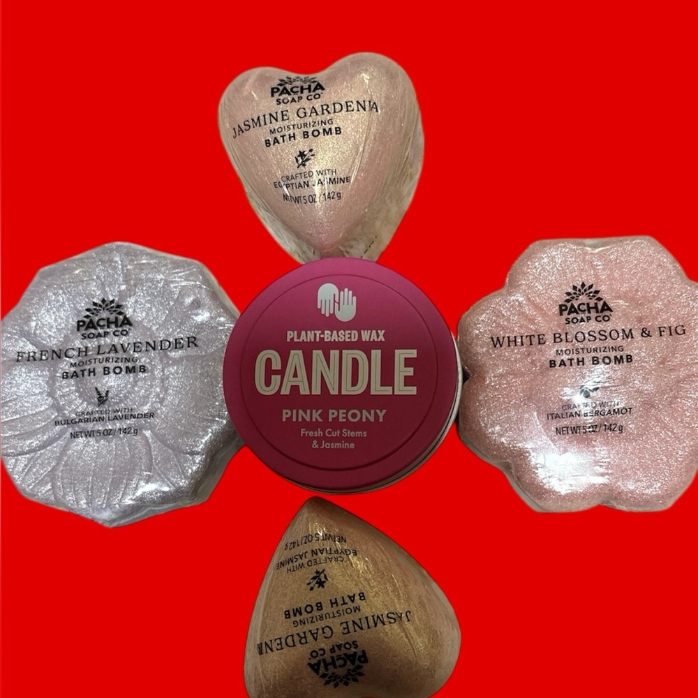 Pink Plant Wax Based Peony Candle & Pacha Handmade Assorted Bath Bombs Set.